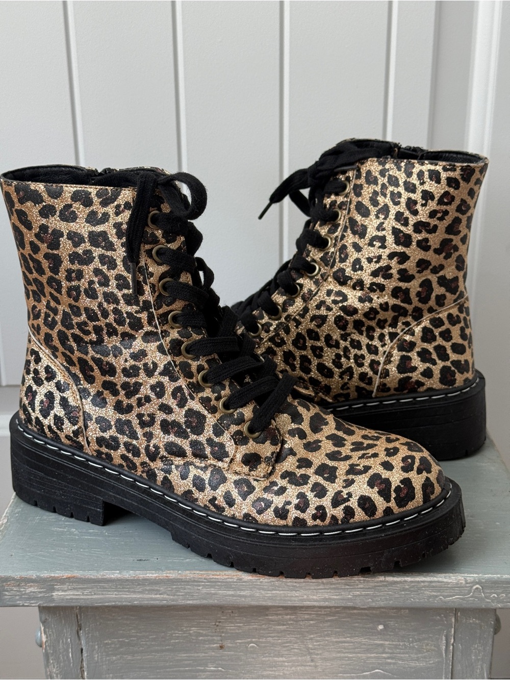 True Craft Leopard Print Lace-Up Combat Boots - Black & Gold Size 9M